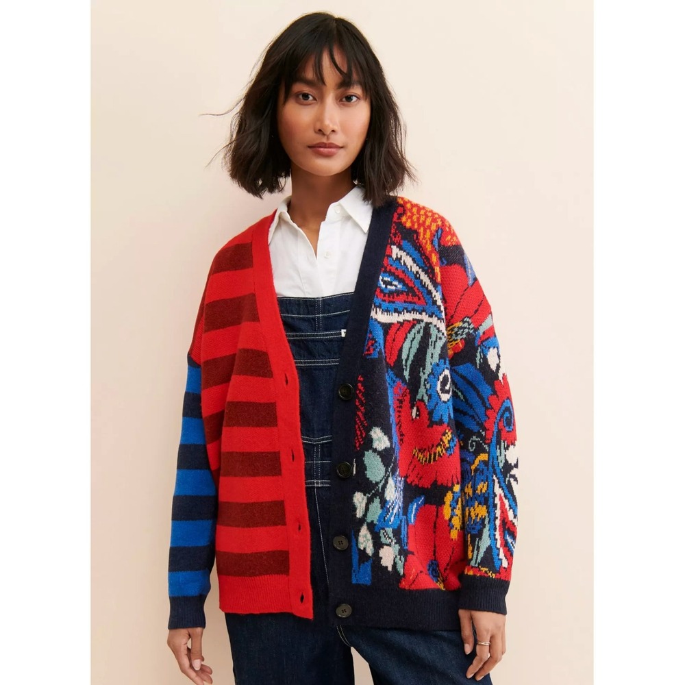 Farm Rio Vintage Forest Cardigan Small Striped Red Blue Sweater Chic Oversized - Picture 2 of 16